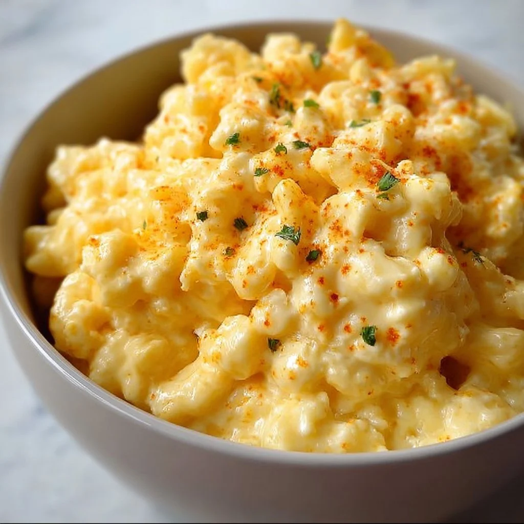 High protein crockpot cottage cheese mac and cheese in a bowl