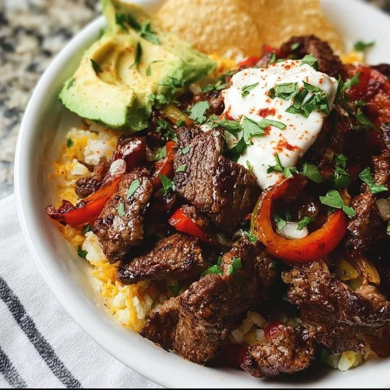 High-protein low-carb steak fajita bowl with colorful veggies in a bowl