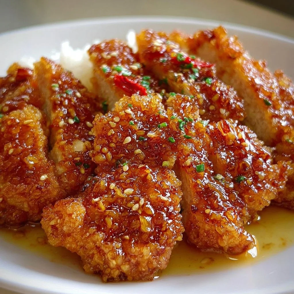 Honey Garlic Crispy Chicken with a crunchy coating and sweet sauce.
