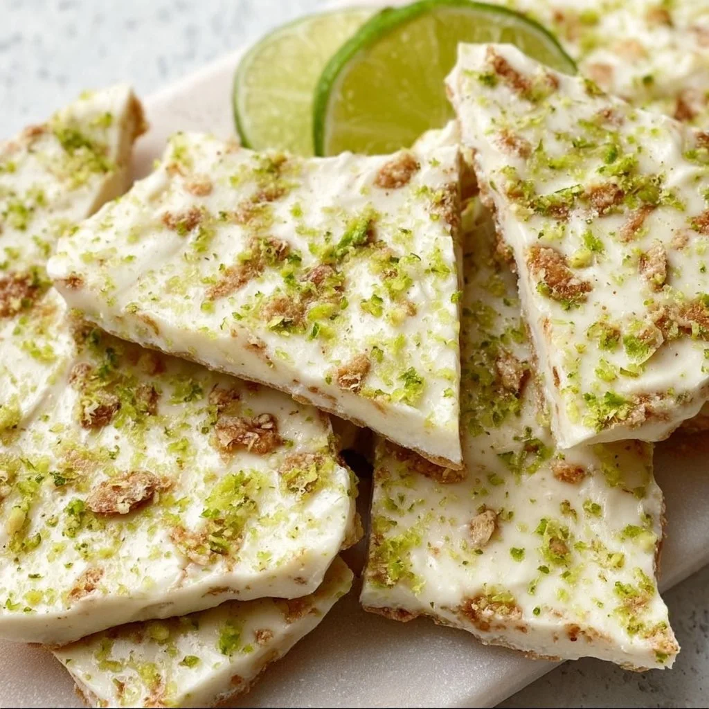 Key Lime Pie Yogurt Bark with vibrant lime and yogurt colors on a plate.