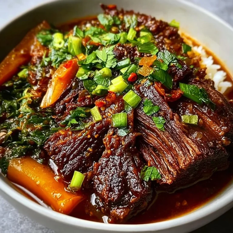 Korean style pot roast with vegetables and spices in a rustic dish.