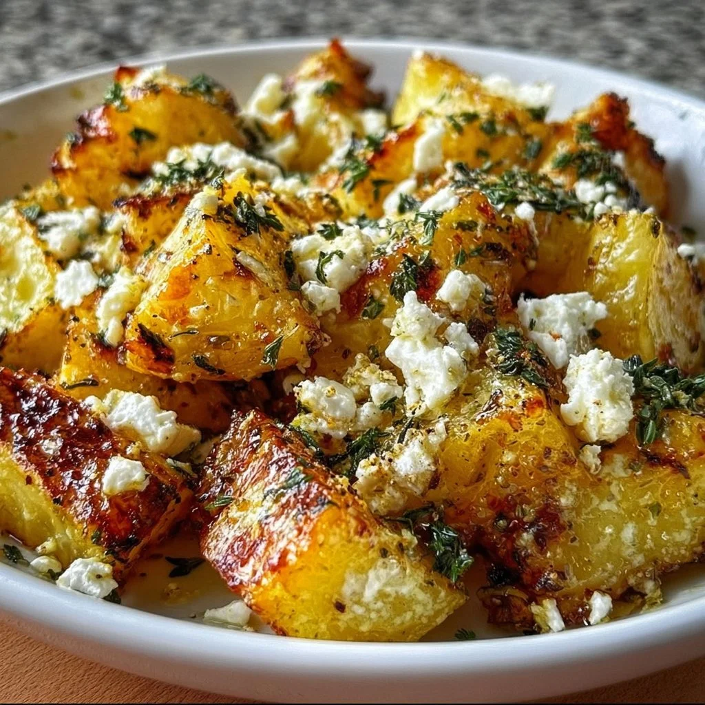 Lemon feta roasted potatoes served in a rustic dish, garnished with herbs.