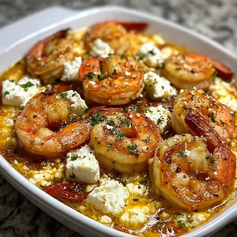 Plate of Mediterranean shrimp with feta cheese and herbs.
