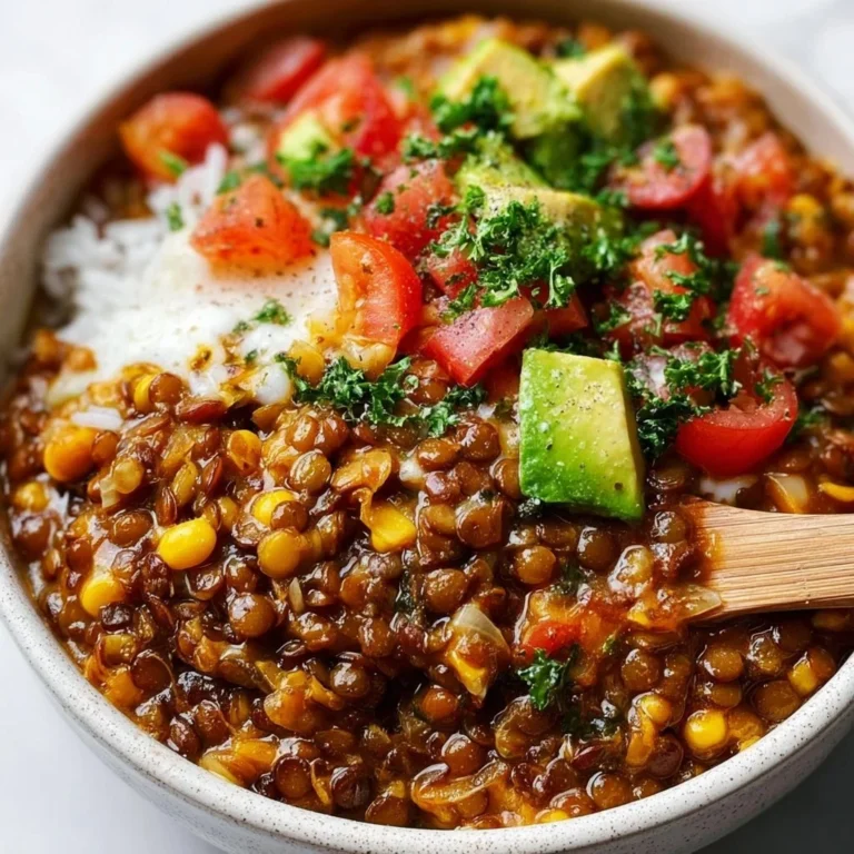 Delicious Mexican Spiced Lentil Bowl topped with fresh ingredients