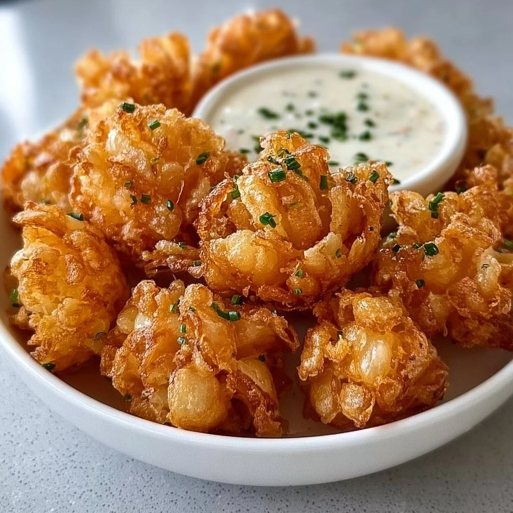 Mini bloomin' onions with buttermilk ranch dip served on a plate