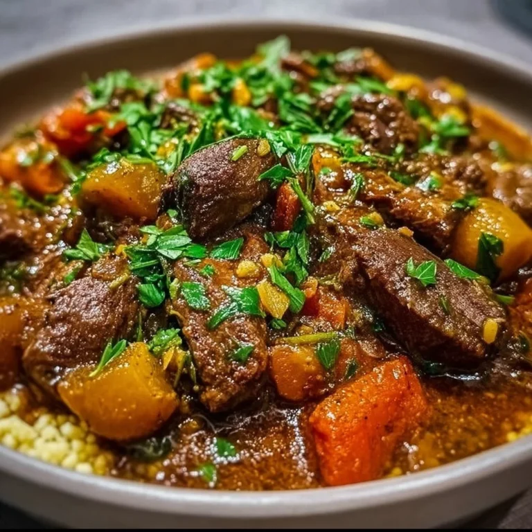 Delicious Moroccan lamb stew with spices and vegetables in a bowl