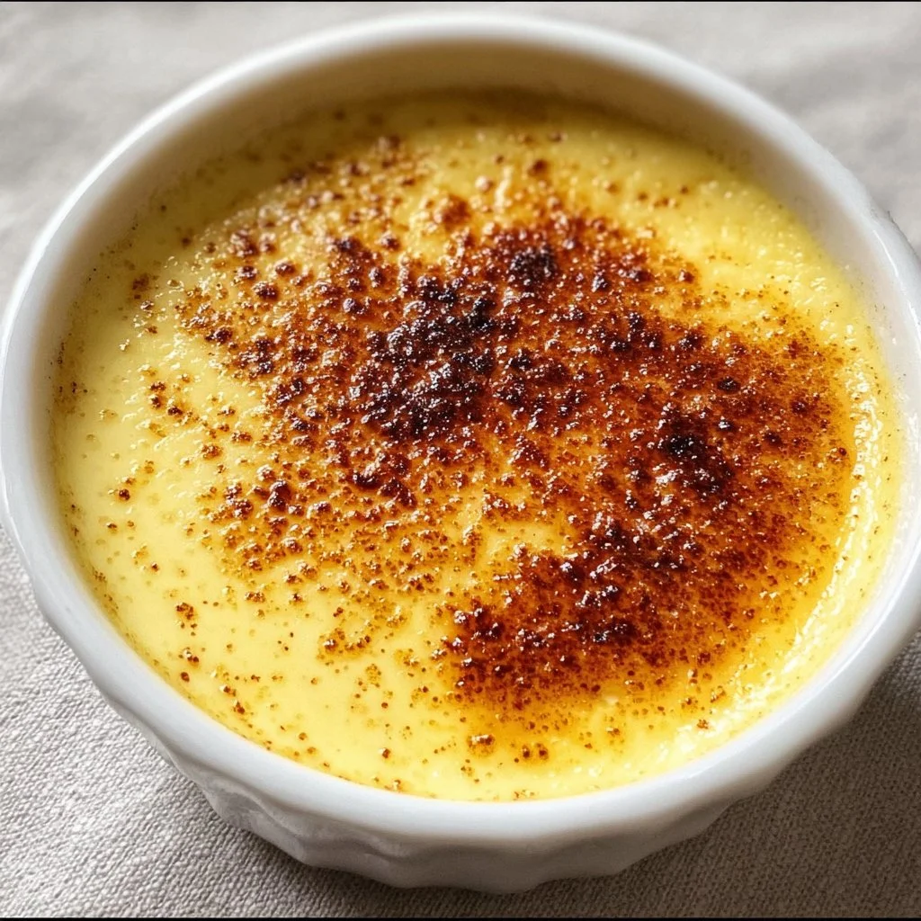 Old-fashioned vanilla baked custard dessert in a ramekin