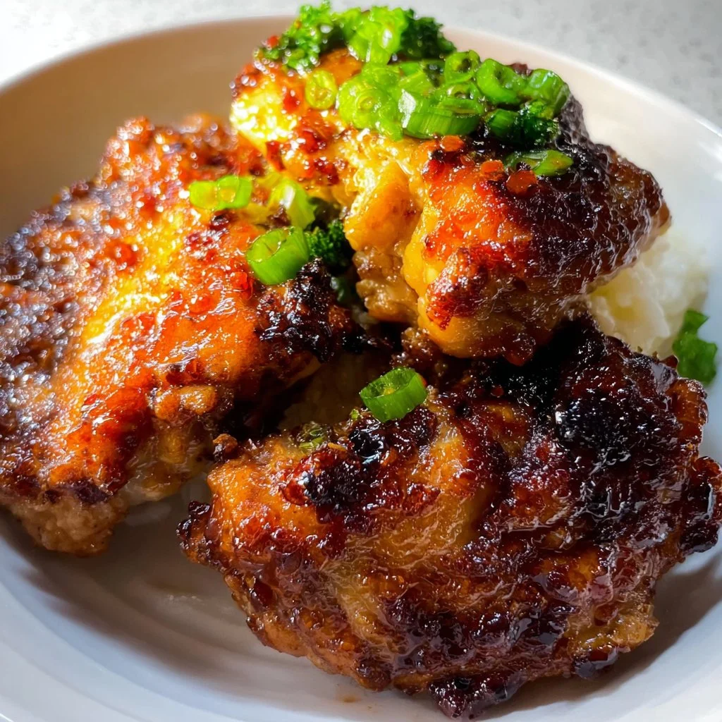 Delicious pan-fried Korean soy garlic chicken thighs served on a plate