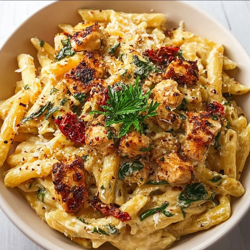 Creamy Parmesan Marry Me Chicken Pasta in a bowl, garnished with fresh herbs