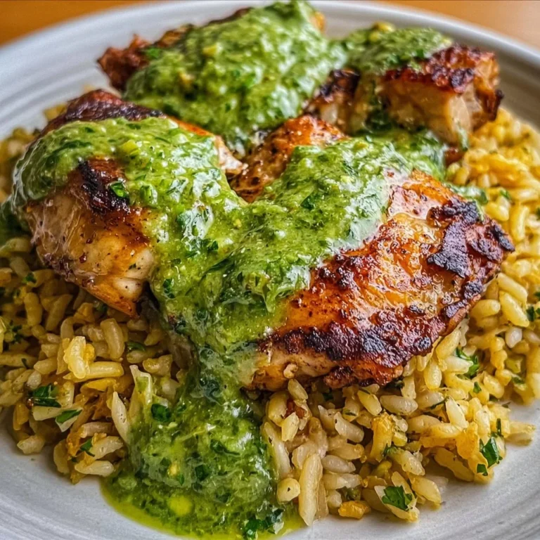 Plate of Peruvian chicken and rice served with a green sauce, garnished with herbs.