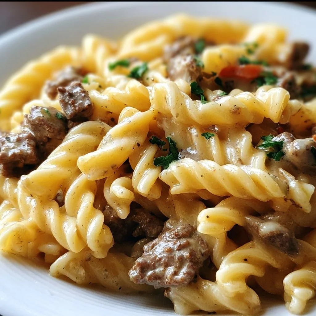 Delicious Philly Cheesesteak Pasta with melted cheese and tender beef