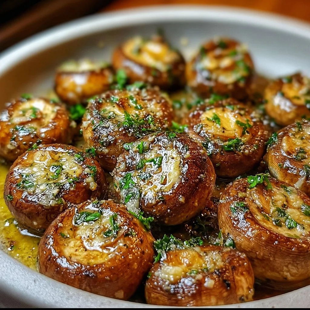 Delicious garlic butter mushrooms served alongside a juicy steak.
