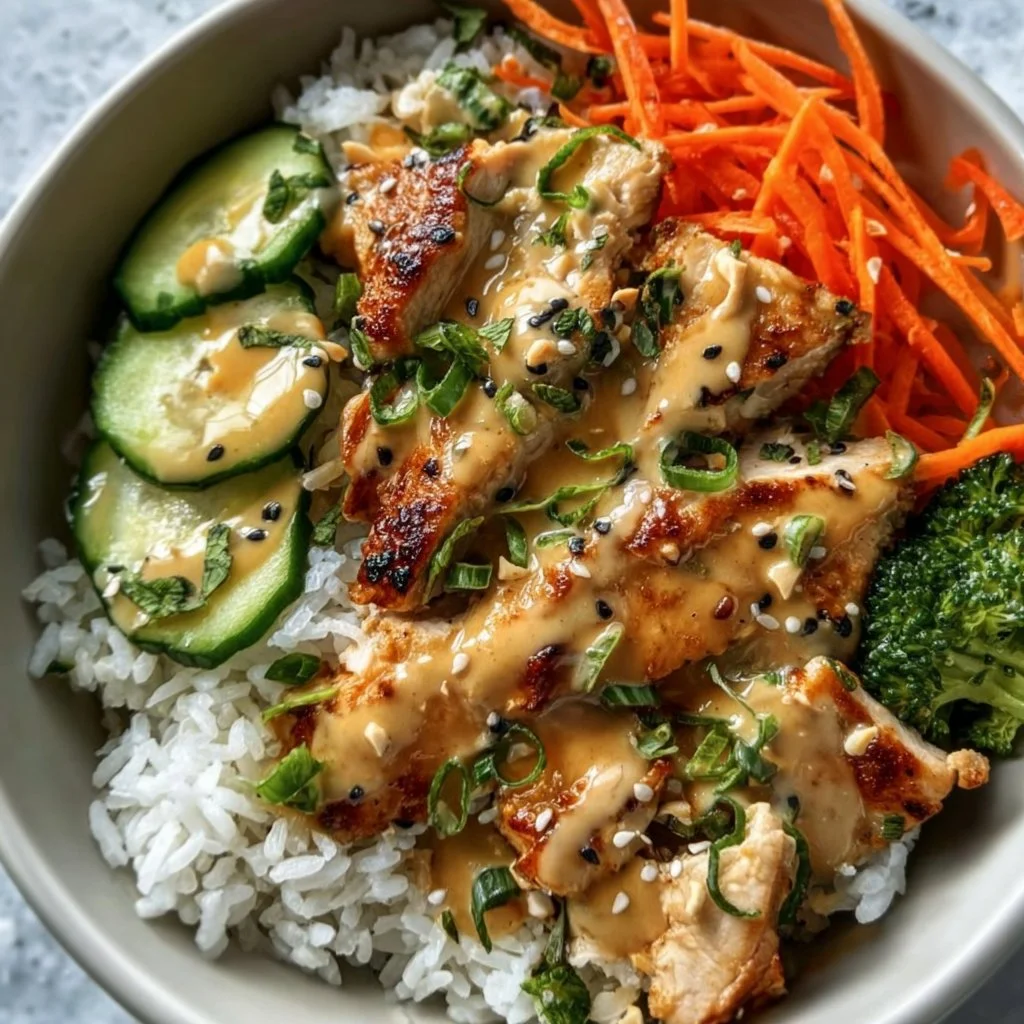 Delicious Thai Peanut Chicken Buddha Bowl with fresh ingredients
