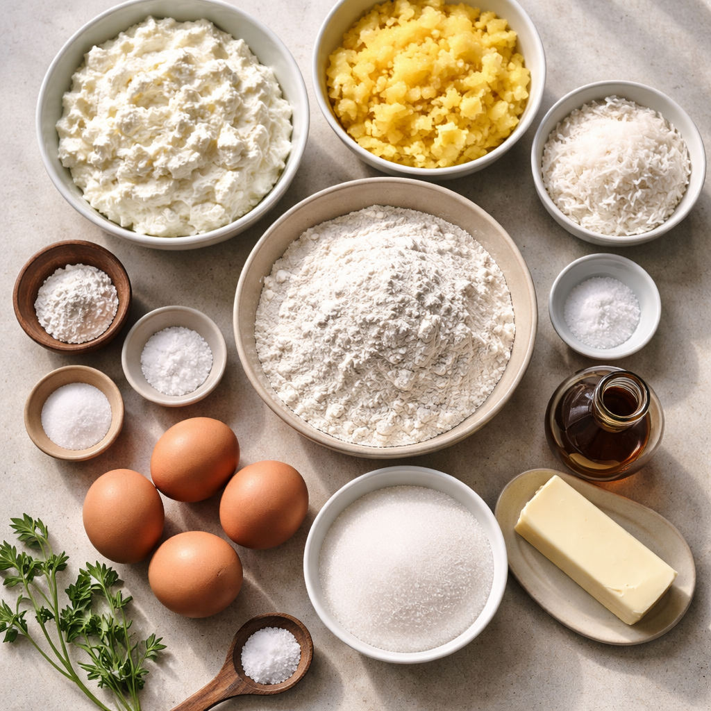 Coconut and Pineapple Cottage Cheese Muffins Fluffy Breakfast ingredients photo