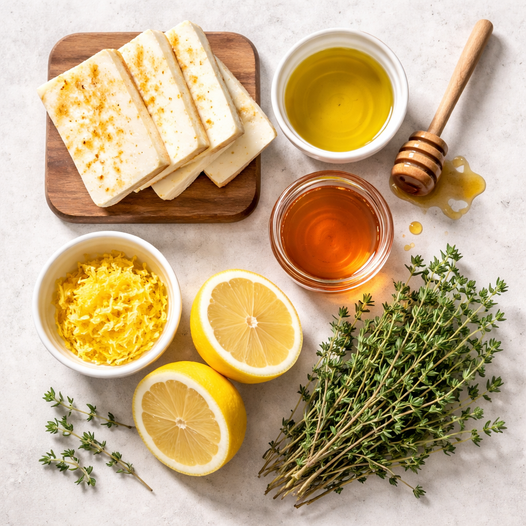 Crispy Fried Halloumi Cheese with Honey and Lemon Zest Glaze ingredients photo