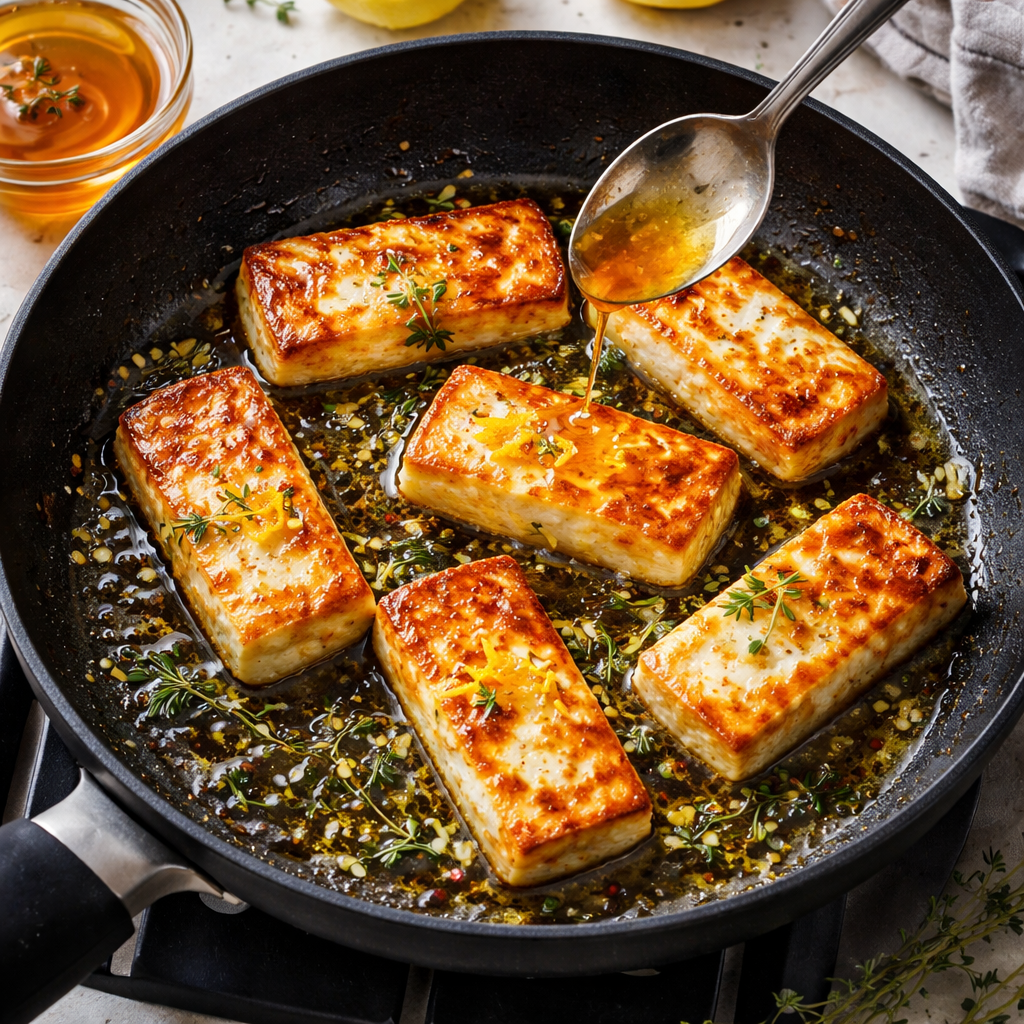 Crispy Fried Halloumi Cheese with Honey and Lemon Zest Glaze preparation photo