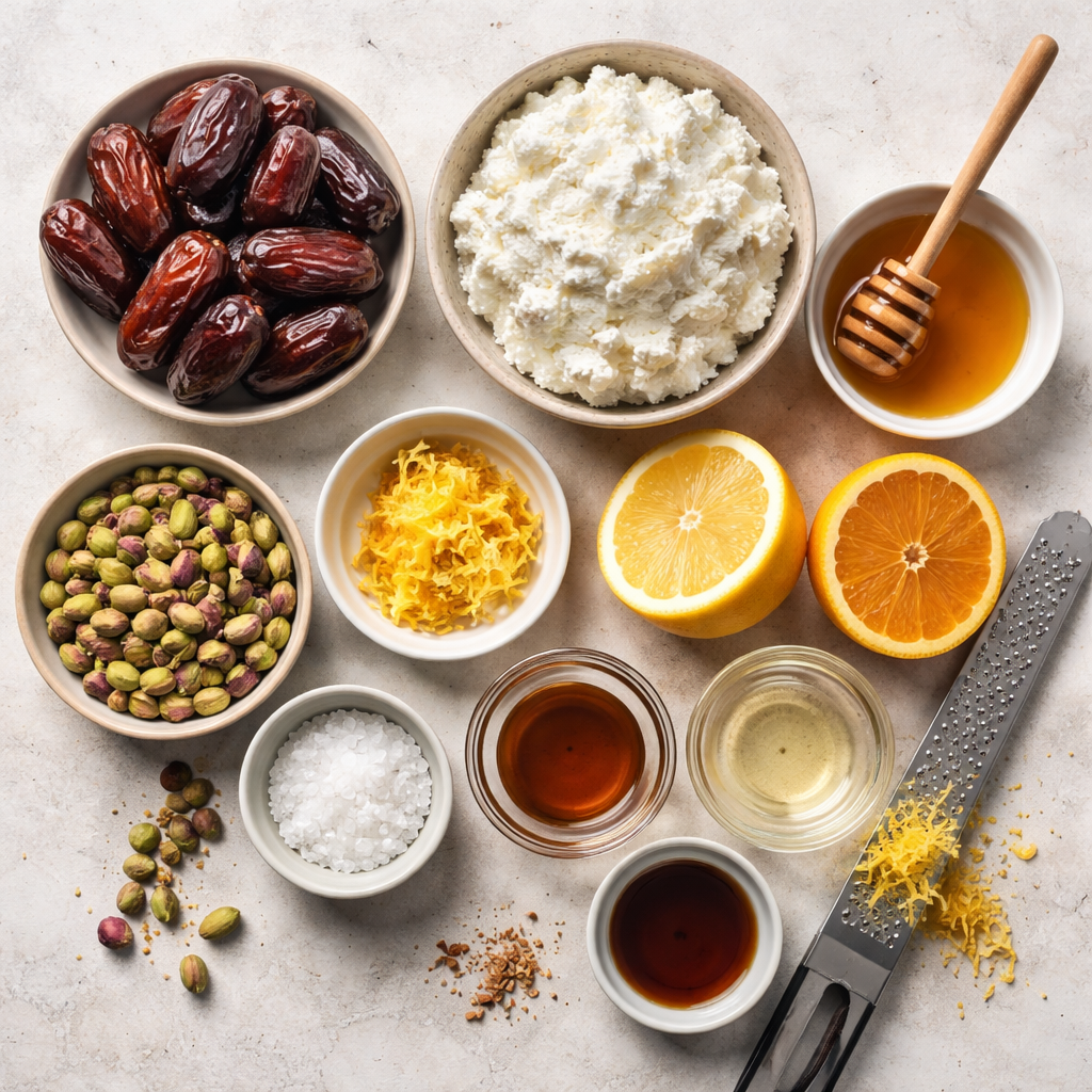 Honey Pistachio Ricotta Stuffed Dates Elegant Sweet Treat ingredients photo