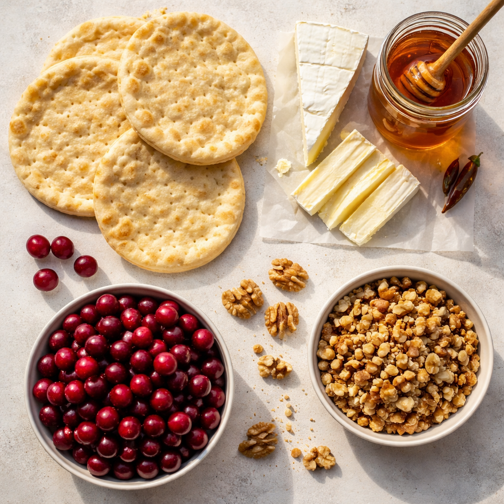 Mini Pizza with Brie Cranberries and Toasted Walnuts Hot Honey Drizzle ingredients photo
