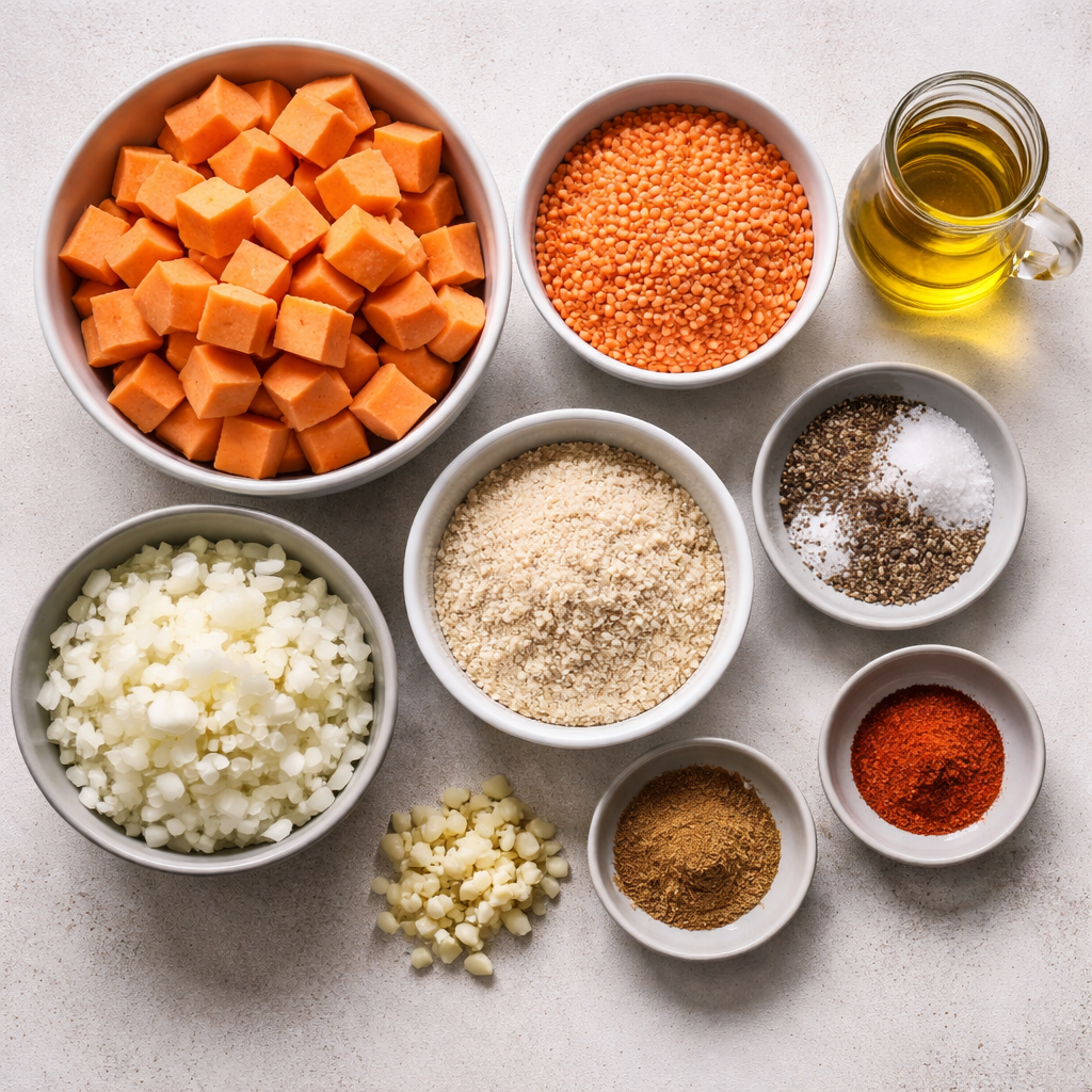 Crispy Sweet Potato and Red Lentil Patties for Easy Weeknight Dinners ingredients photo