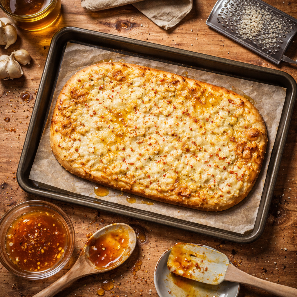 Hot Honey Garlic Bread Pizza A Crowd Pleasing Easy Weeknight Favorite preparation photo