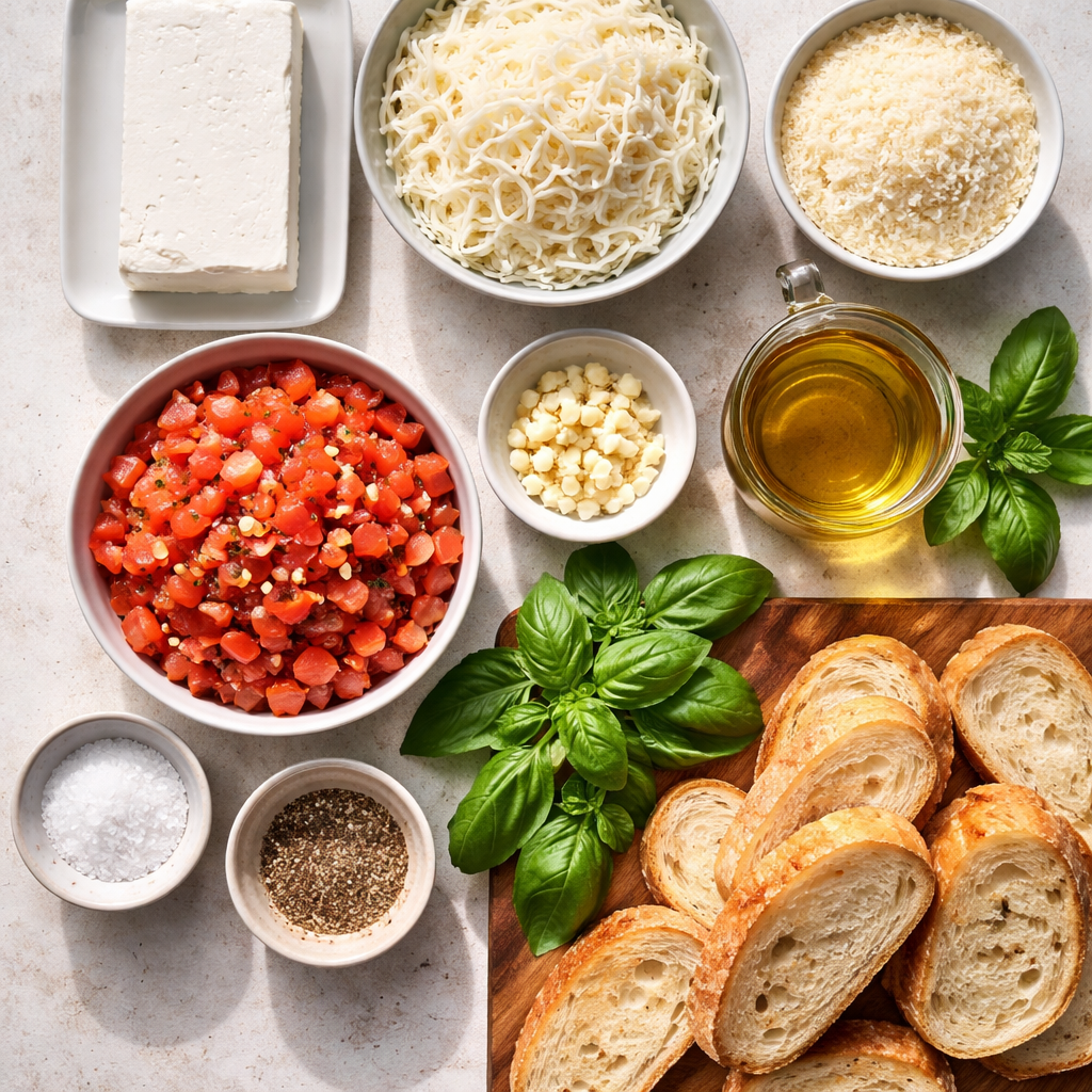 Creamy Three Cheese Tomato Bruschetta Dip Perfect for Appetizers ingredients photo