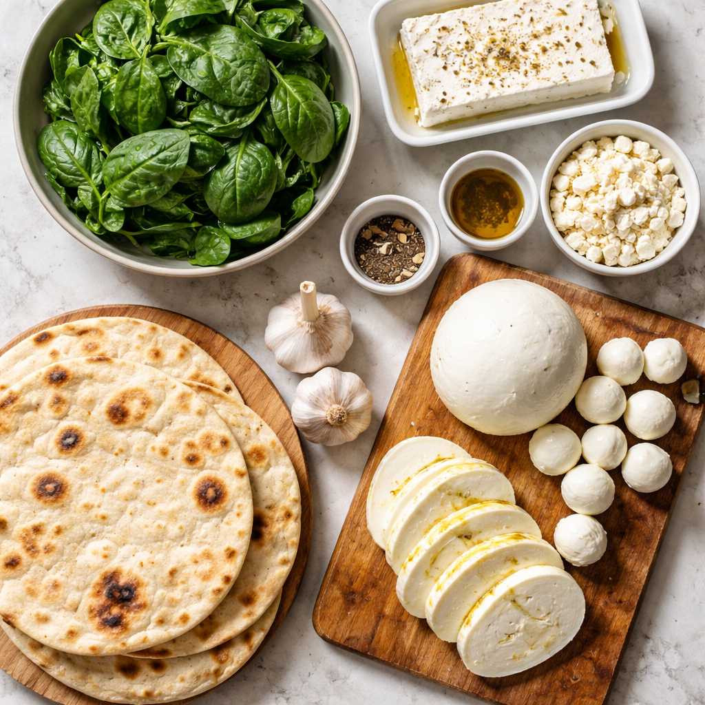 Spinach and Feta Flatbread Pizza Easy Weeknight Dinner Idea ingredients photo
