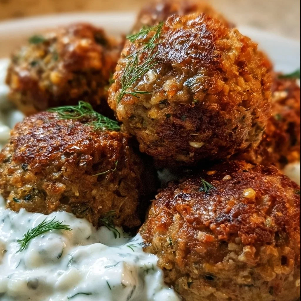 Baked Greek lentil meatballs served with tzatziki sauce on a plate
