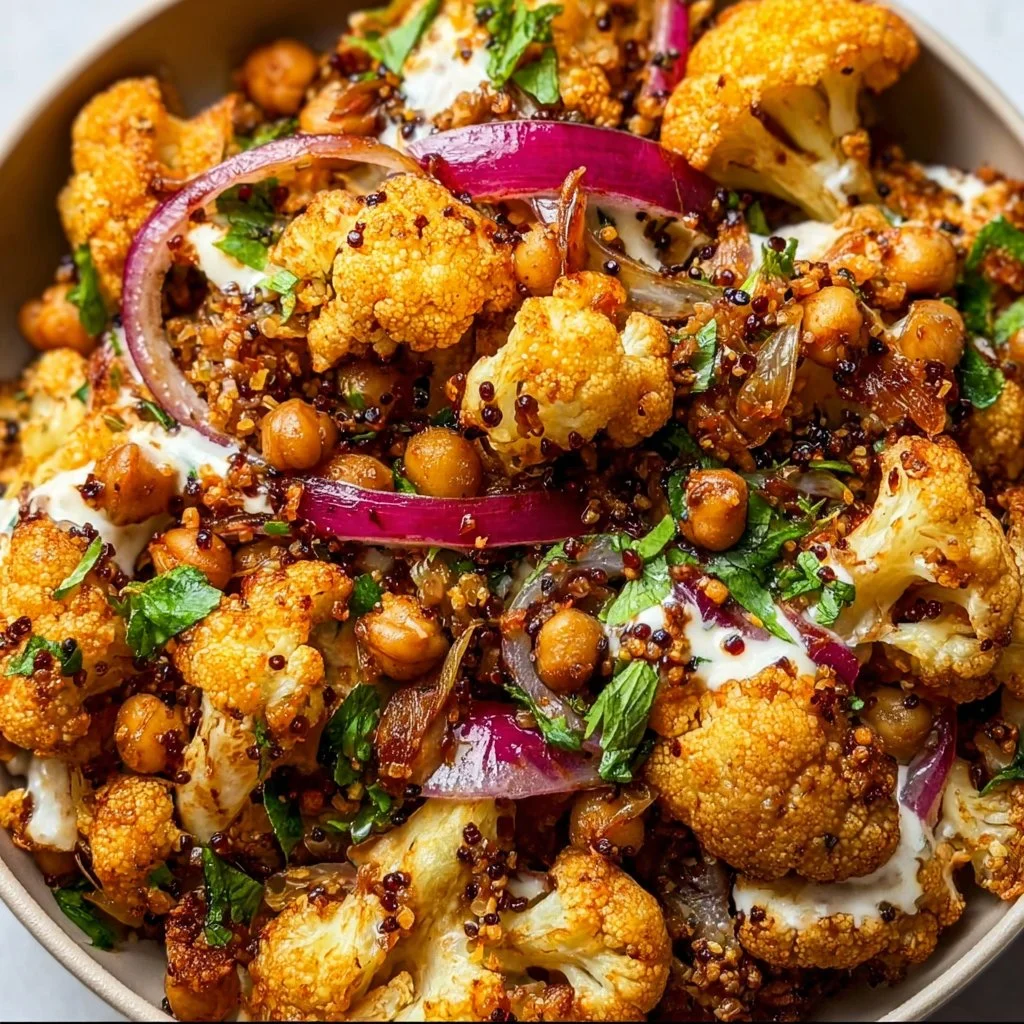 Sheet pan cauliflower shawarma bowl with colorful veggies and spices.