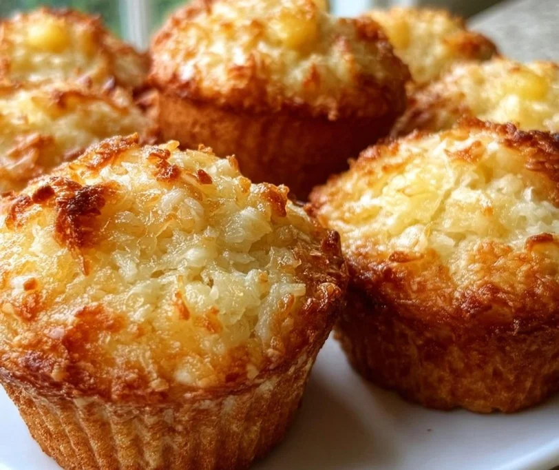 Fluffy coconut and pineapple cottage cheese muffins on a plate