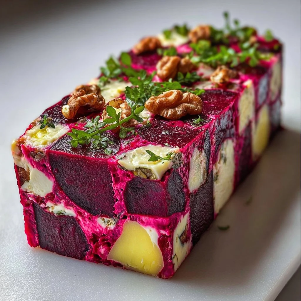 Colorful beetroot goat cheese terrine garnished with herbs and served elegantly.