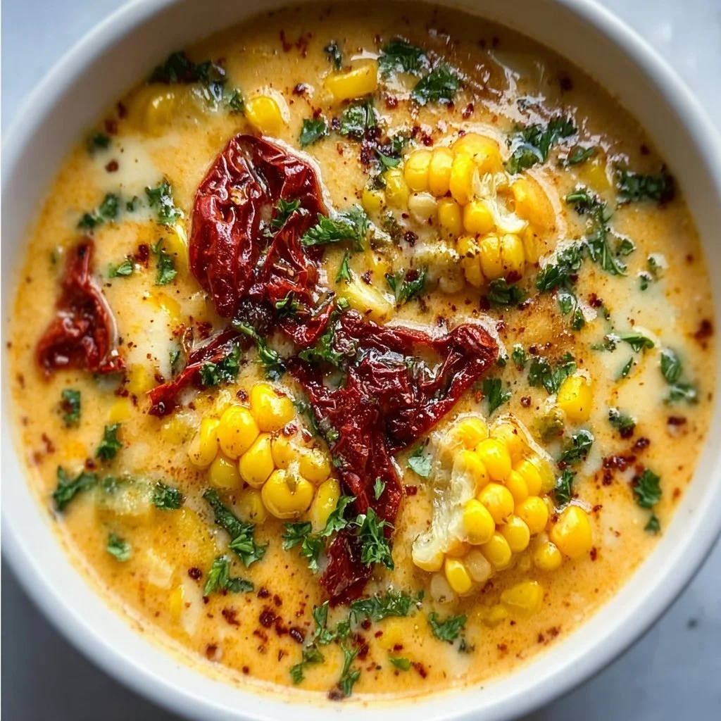 Bowl of creamy sun-dried tomato corn chowder for cozy evenings