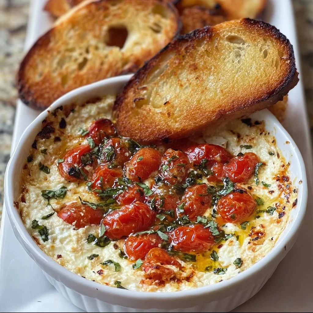 Creamy three cheese tomato bruschetta dip served as an appetizer