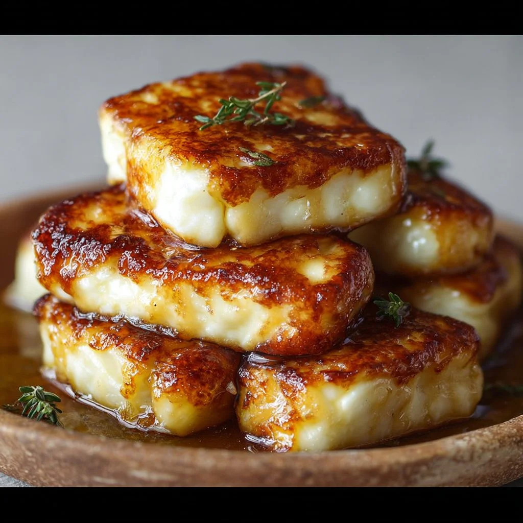 Crispy fried halloumi cheese topped with honey and lemon zest glaze.