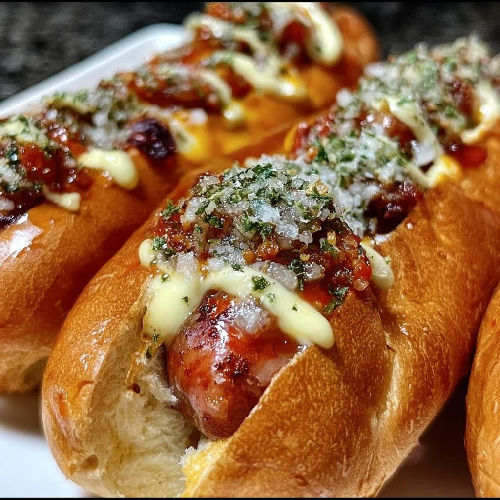 A gourmet Firecracker Hot Dog topped with sweet and spicy condiments.
