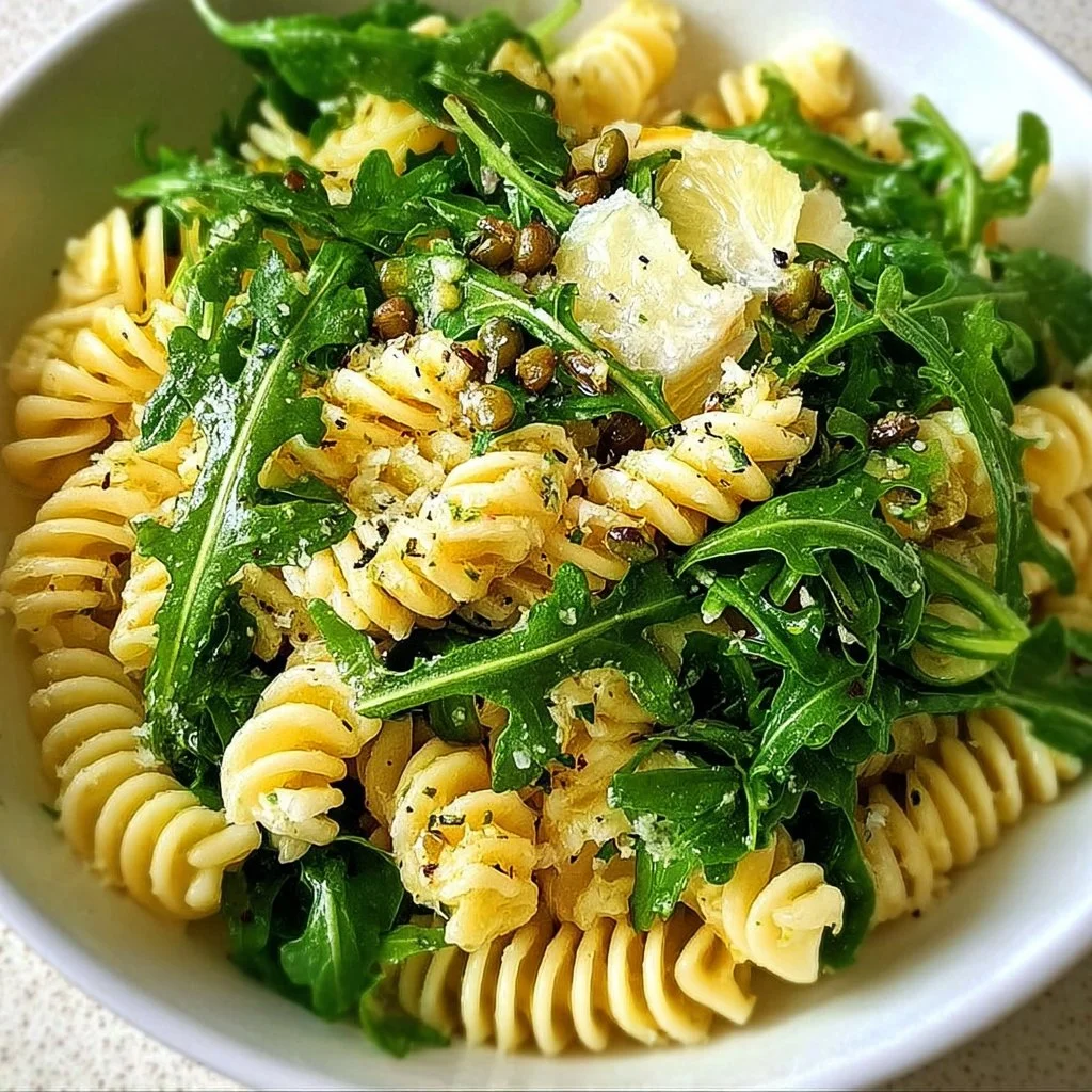 Lemon Arugula Pasta Salad garnished with fresh ingredients on a plate