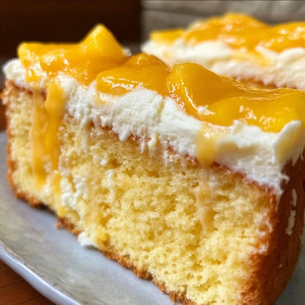 Mango Milk Cake topped with fresh mango slices and a creamy layer