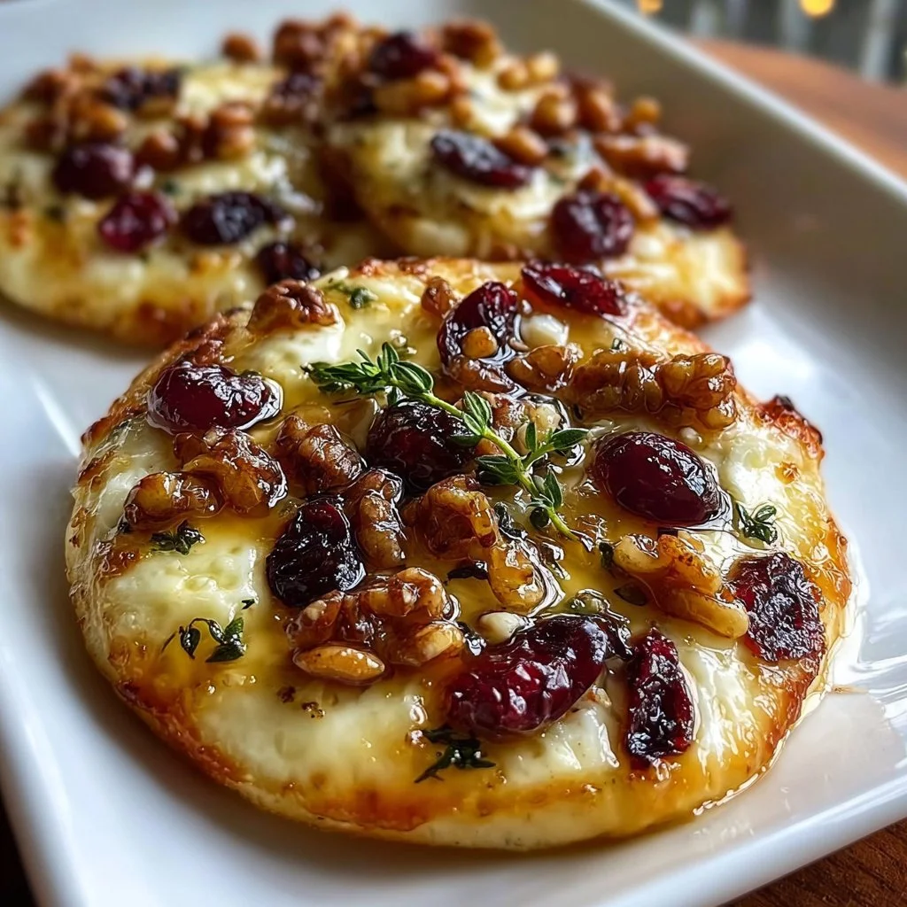 Mini pizza topped with brie, cranberries, walnuts, and hot honey drizzle