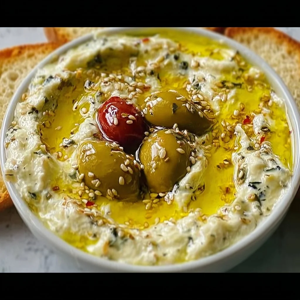A bowl of creamy Olive Lovers Dip garnished with herbs and served with crackers.