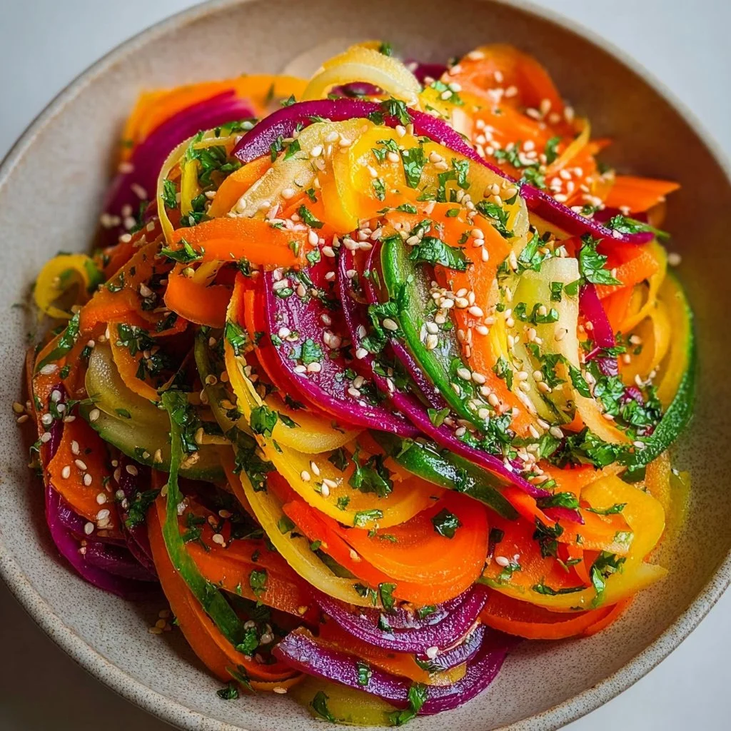 Shaved rainbow carrot salad with sesame dressing in a colorful bowl