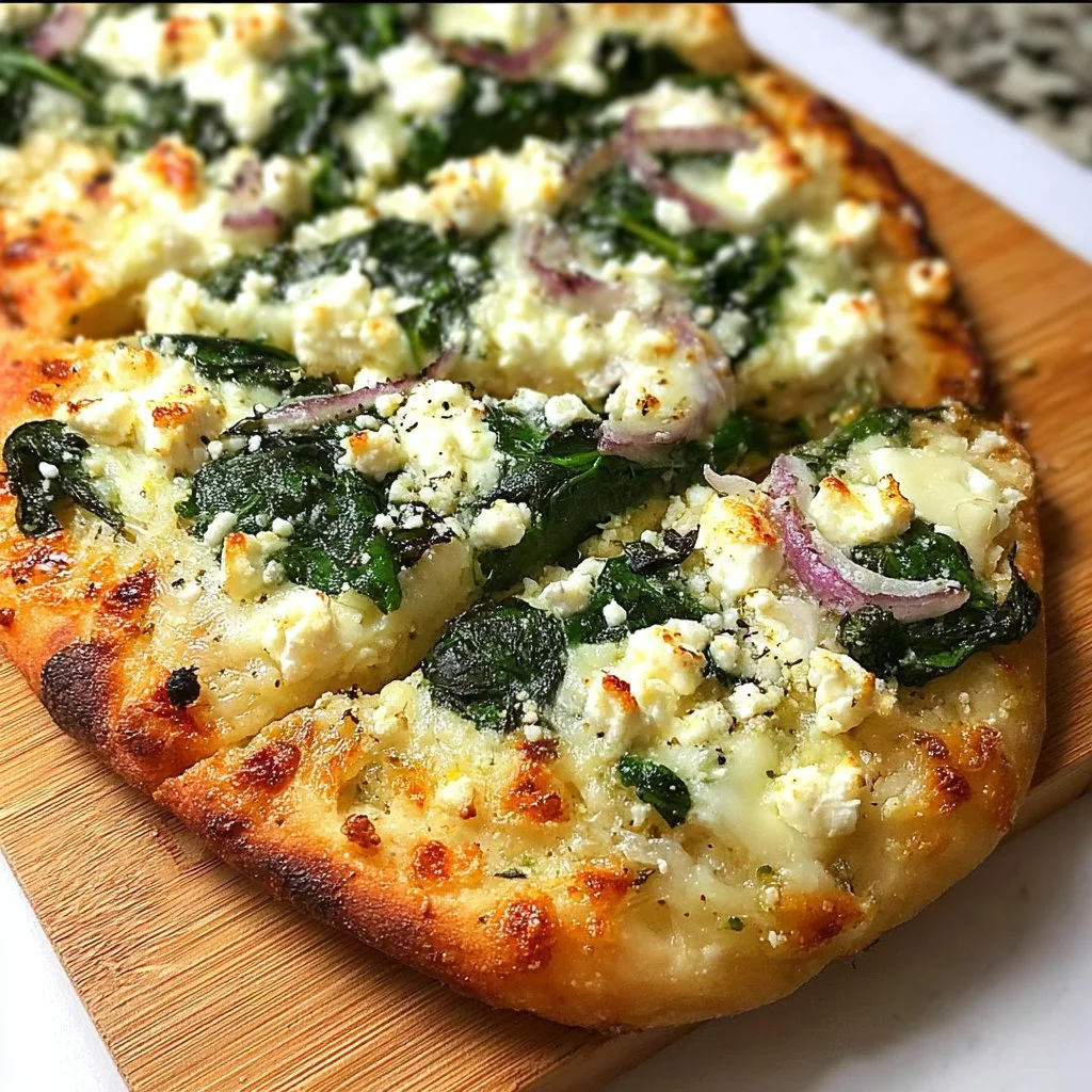 Delicious spinach feta flatbread pizza ready for a quick weeknight dinner
