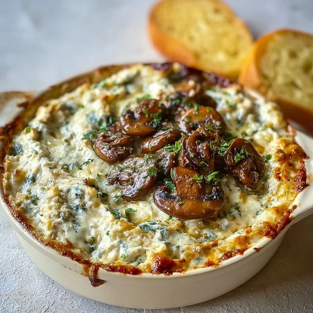 Delicious stuffed mushroom dip made with cream cheese and fresh herbs