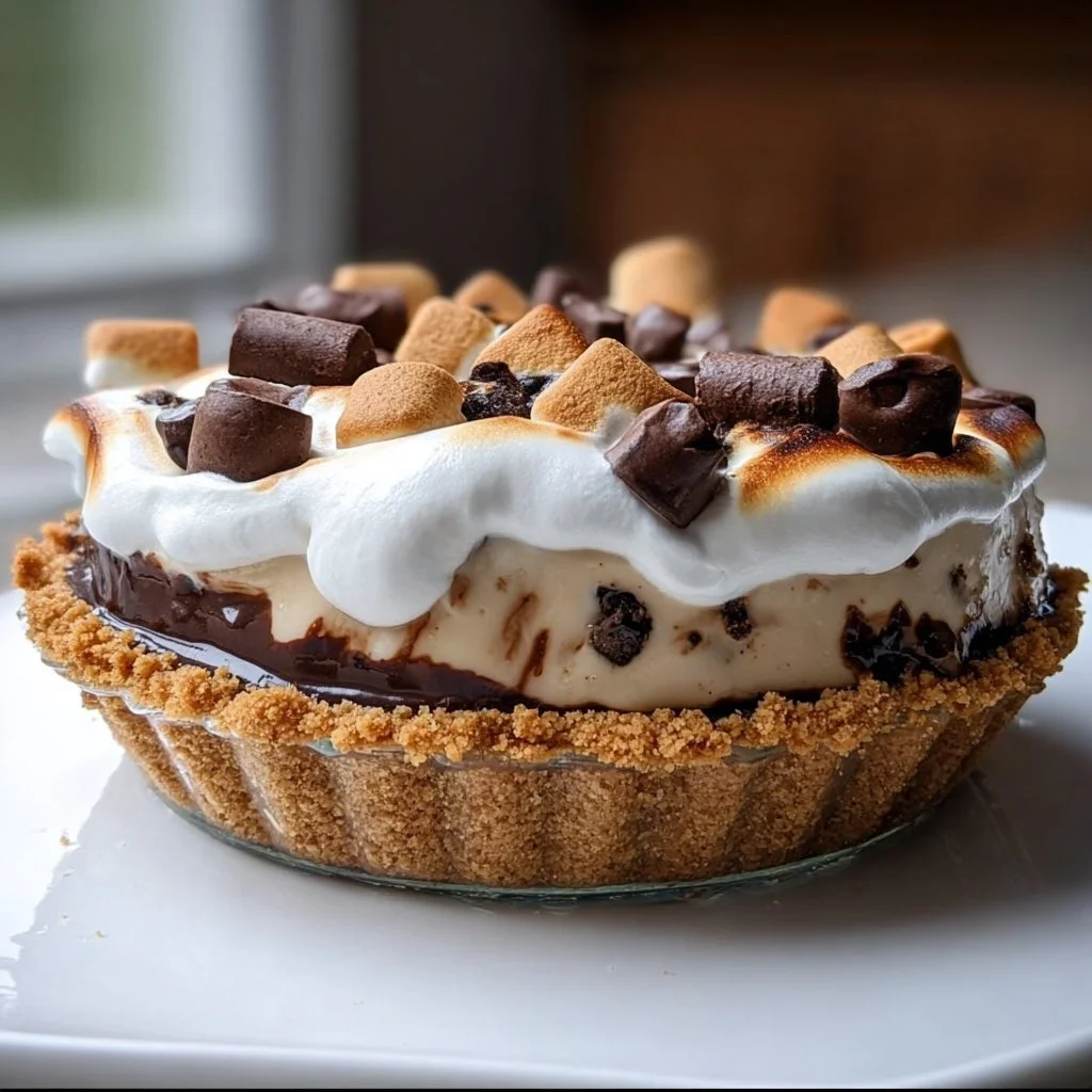 Ultimate S'mores Cookie Dough Pie dessert topped with chocolate and marshmallows