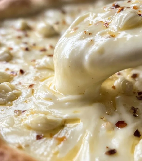 Creamy white garlic pizza sauce ready for homemade pizza recipes