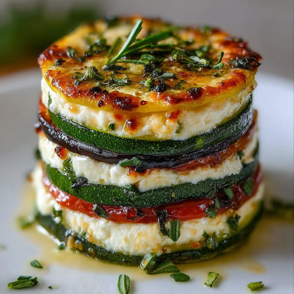 Zucchini and goat cheese stack layered dish beautifully plated for summer.